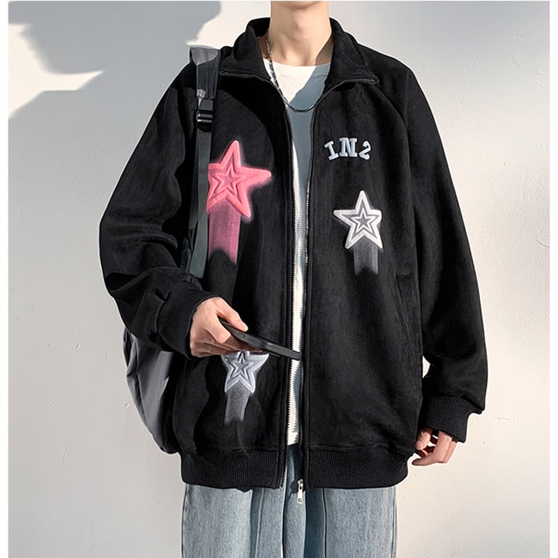 [ZUNKUN series]★Jacket★ 3color outerwear unisex men's suede star pattern brown black green