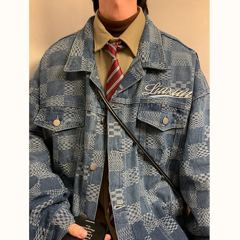 [BAOYAN Series] ★Jacket★ Denim jacket outerwear jeans unisex men's plaid pattern blue blue