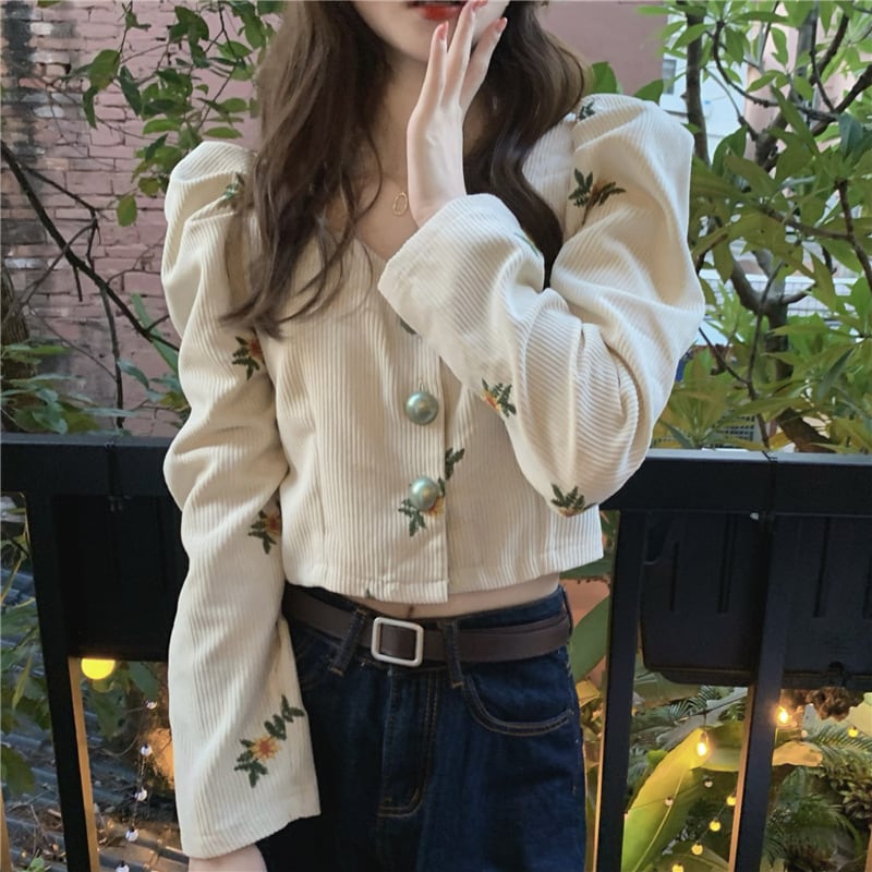 [Left Sister Series]★Shirt★ 2color Embroidery Long Sleeve Shirt Tops Floral Pattern Corduroy Ladies Short Length