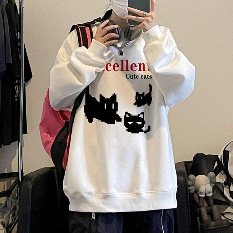 [XIHA Series] ★Tops★ 8color Sweatshirt Unisex Men's Large Size Cat Cat Blue White Black Gray Red Green