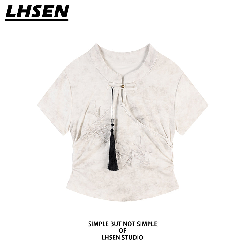 [LHSEN series] ★Chinese style tops★ 2 colors Embroidered T-shirt Easy to match Slimming Black Beige