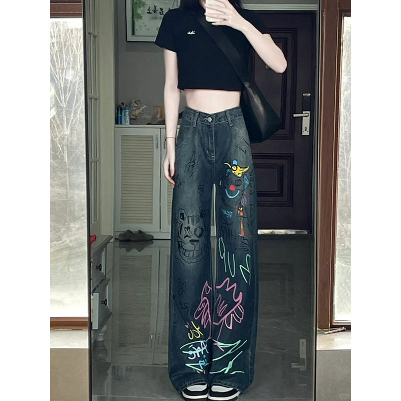 [LINGLING Series] ★Denim pants★ Trousers Bottoms Casual Women's Graffiti Spring/Summer Cute