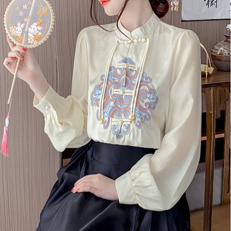 [Rin Le Series]★China-style tops★China-style shirt, women's, fringe, embroidery, cute, long-sleeved shirt