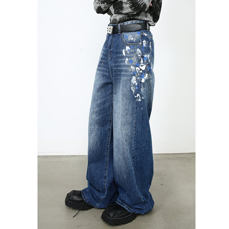 [M7 Series]★Denim Pants★ 2color Pants Bottoms Unisex Men's Graffiti Print Black Blue