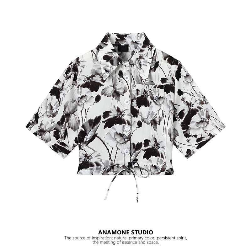 [ANAMONE STUDIO Series] ★Chinese-style top★ Short-sleeved shirt, ink-wash pattern, SML, short length, stylish