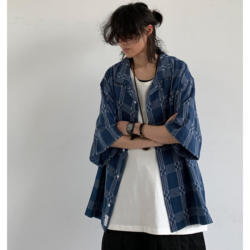 [JIWU series] ★Chinese style tops★ 2 colors Shirt Outerwear Short sleeve Denim Unisex Men's Casual Black Blue