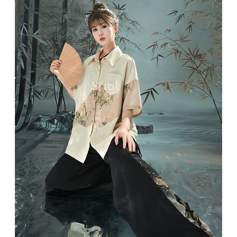 [Kokaisha---Butterfly Gin Series] Chinese-style trousers, bottoms, gaucho pants, original, slimming, switching, floral pattern