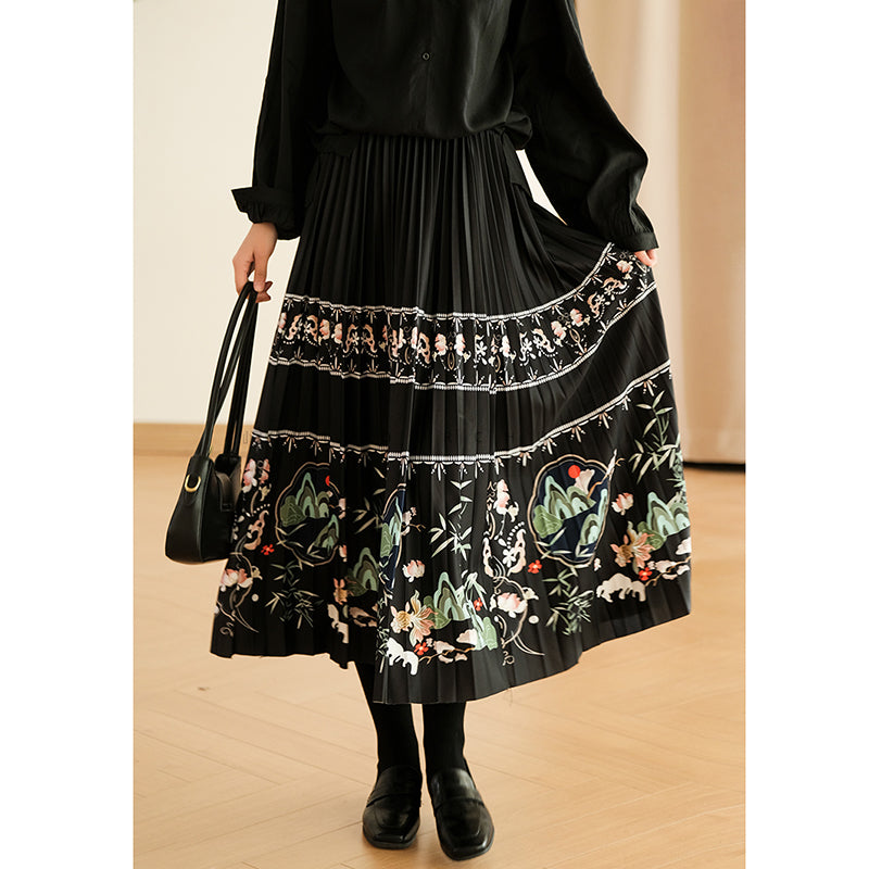 [XIAOER Series]★China style skirt★ 3color floral pattern skirt bottoms elastic waist, easy to match for commuting, dates