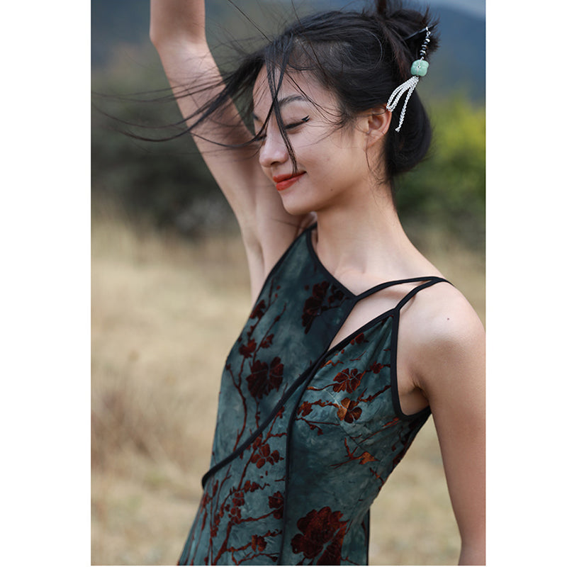 [Daiseiryuu 4 Series] ★Chinese-style dress★ Tie-dyed dress, slimming, Chinese clothing, slit, green