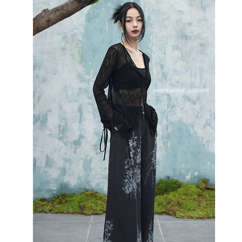 [Daiseiryuu 4 Series] ★Chinese-style top★ V-neck, sheer, long-sleeved shirt, sun protection, Chinese clothing, sexy, black