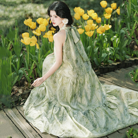 [XIXI Series] ★Chinese-style dress★ Hanging dress, floral pattern, cute, for dates, commuting, weddings, green