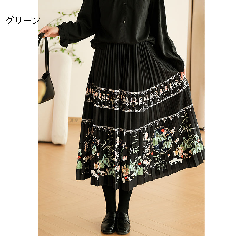 [XIAOER Series]★China style skirt★ 3color floral pattern skirt bottoms elastic waist, easy to match for commuting, dates