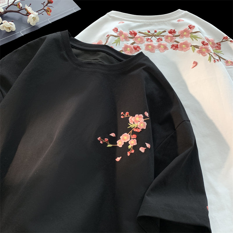 【Vesiboシリーズ】★チャイナ風トップス★ Tシャツ 半袖 刺繍 花柄 梅の花 男女兼用 メンズ ブラック ホワイト