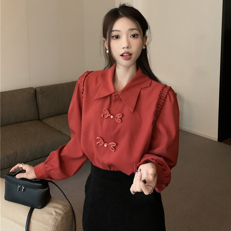 [KEKELI Series]★China style shirt★ 2color tops long sleeve shirt cute easy to match ladies