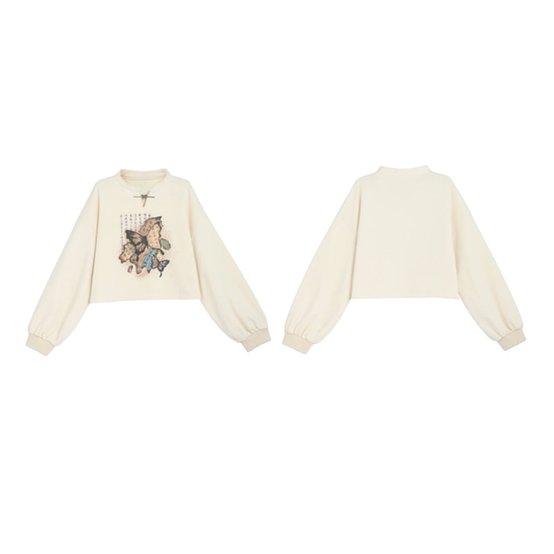 [Mori Onna Buraku Series] ★China style tops★ 2color butterfly short length sweatshirt original easy to match