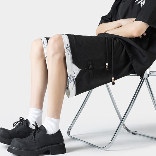 [BIGEMAN Series] ★Shorts★ Chinese-style pants, 2 colors, bottoms, short pants, unisex, men's, fake layered, black, gray