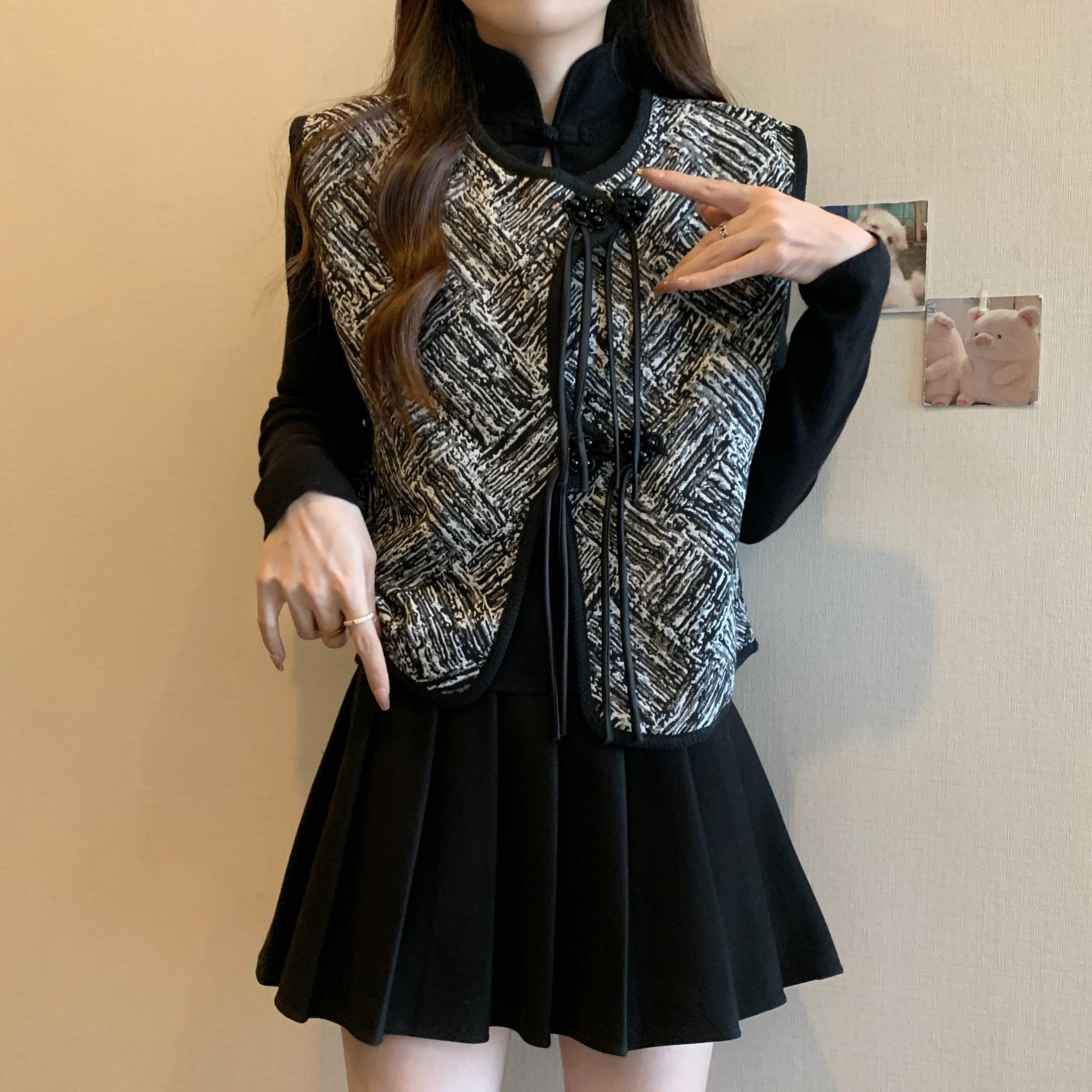 [JIGUJIGU series]★China style setup, single item order★ Long sleeve tops or vests Ink pattern Chinese buttons Black Black