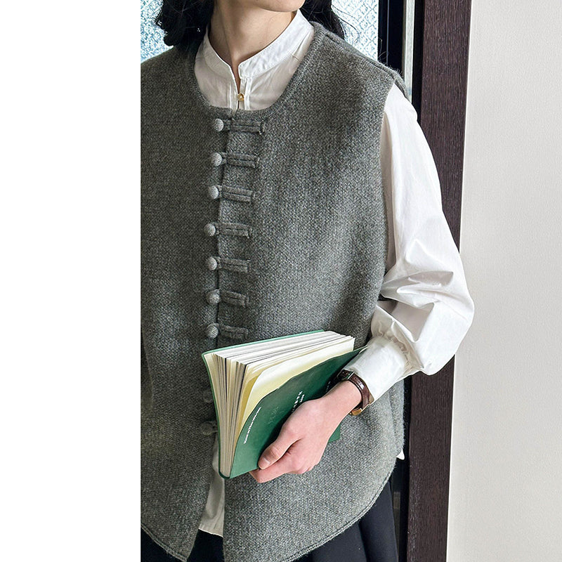 [Tachibana Series] ★China style tops★ 4color Vest Knit Ladies Improves temperament Black Gray Light Green Brown