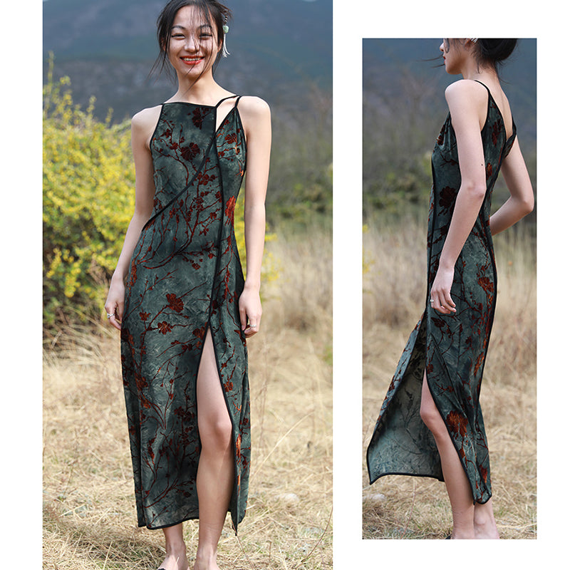 [Daiseiryuu 4 Series] ★Chinese-style dress★ Tie-dyed dress, slimming, Chinese clothing, slit, green