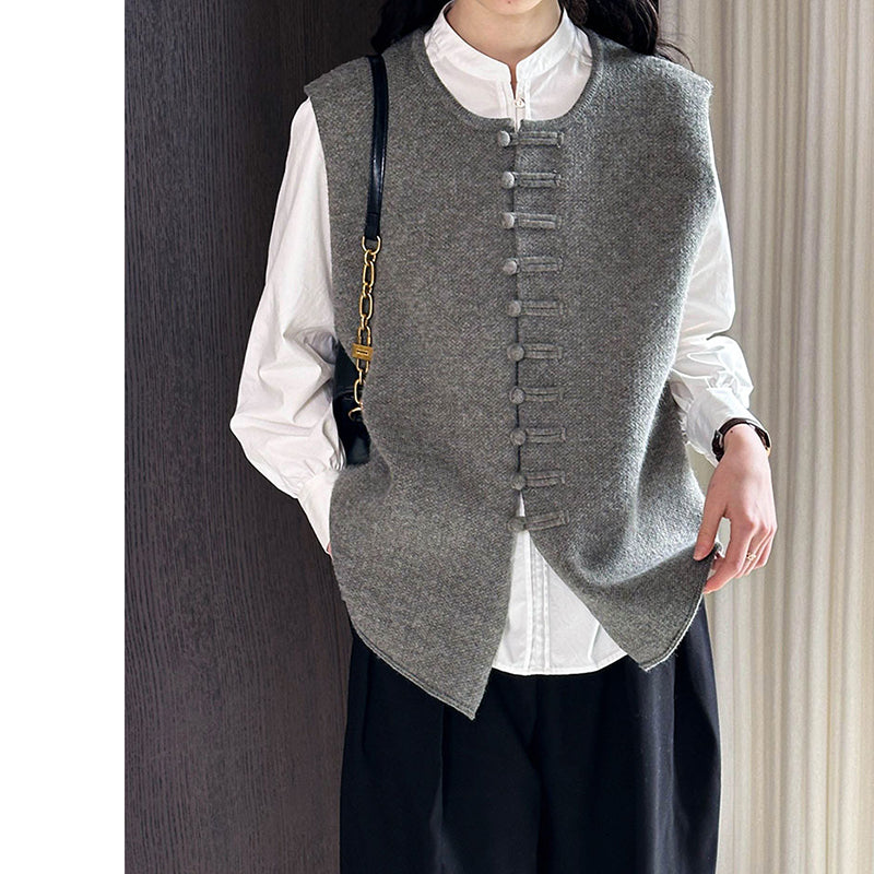 [Tachibana Series] ★China style tops★ 4color Vest Knit Ladies Improves temperament Black Gray Light Green Brown