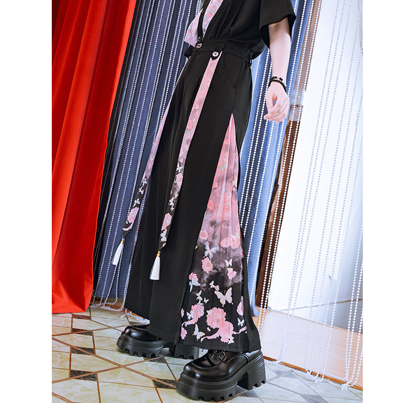 [Kokaisha---Butterfly Gin Series] Chinese-style trousers, bottoms, gaucho pants, original, slimming, switching, floral pattern