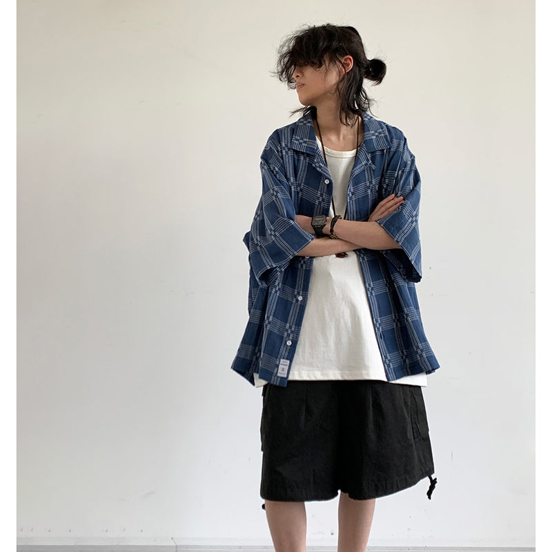 [JIWU series] ★Chinese style tops★ 2 colors Shirt Outerwear Short sleeve Denim Unisex Men's Casual Black Blue