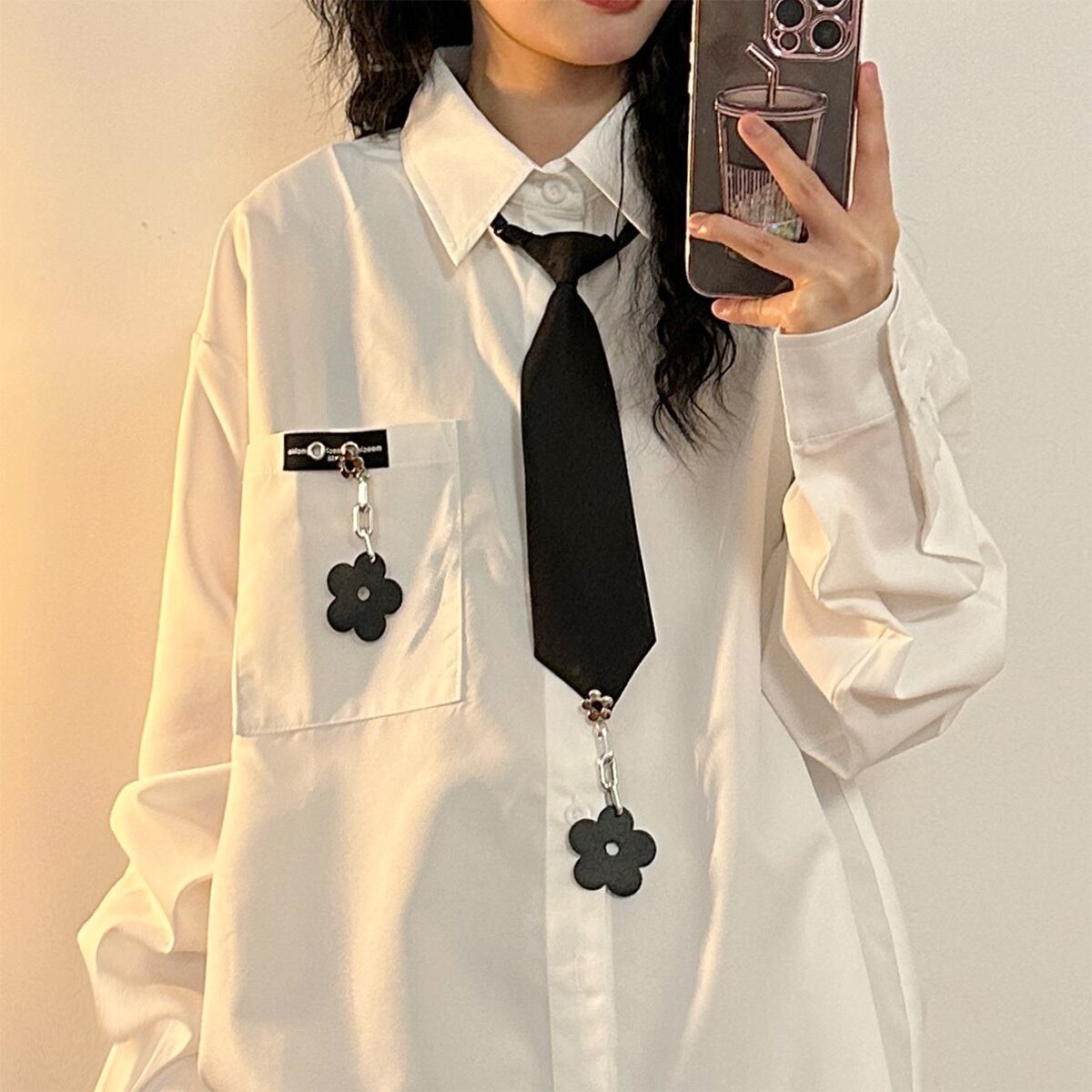 ✿New item! [UATONLINE Series]★Shirt★ 2color Shirt with tie Long sleeve shirt Floral pattern Tops Unisex Men's Black White