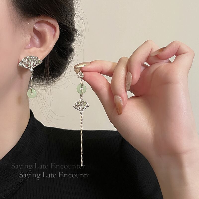 [YANWANYU Series] ★Chinese style earring★ Earrings Accessories Women's Fan Asymmetrical Fringe Flower Improves temperament