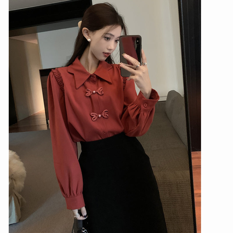 [KEKELI Series]★China style shirt★ 2color tops long sleeve shirt cute easy to match ladies