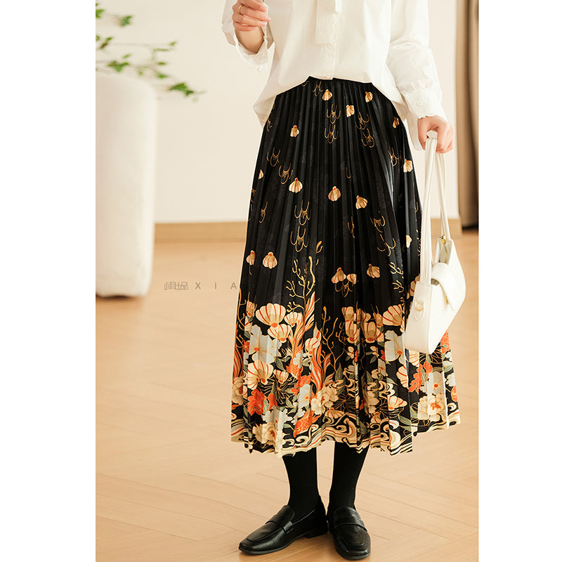 [XIAOER Series]★China style skirt★ 3color floral pattern skirt bottoms elastic waist, easy to match for commuting, dates