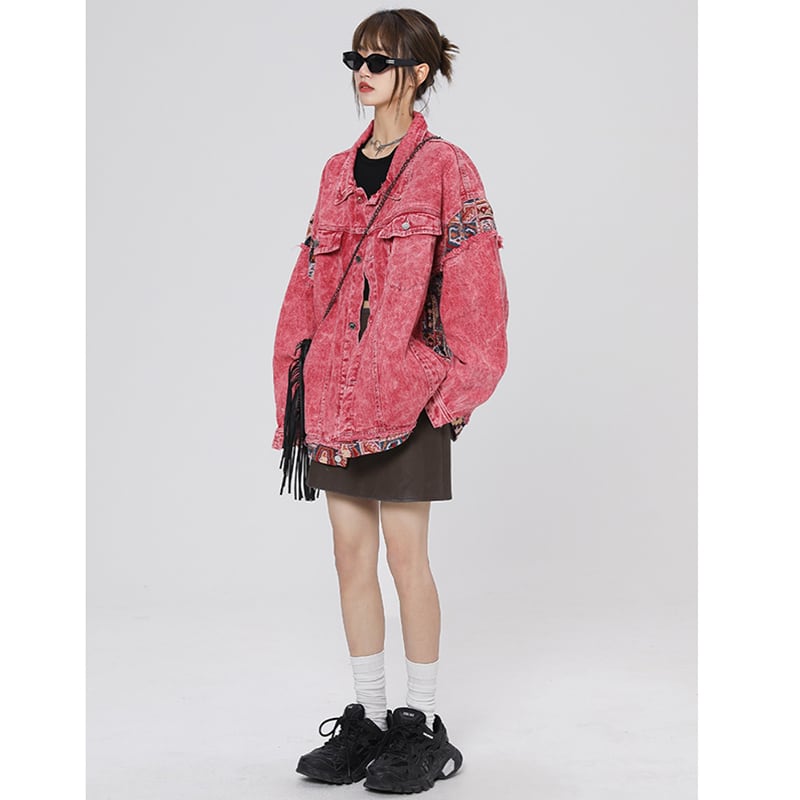 [Fujiiman Series] ★Jacket★ Denim jacket outerwear jeans unisex men's pink switching