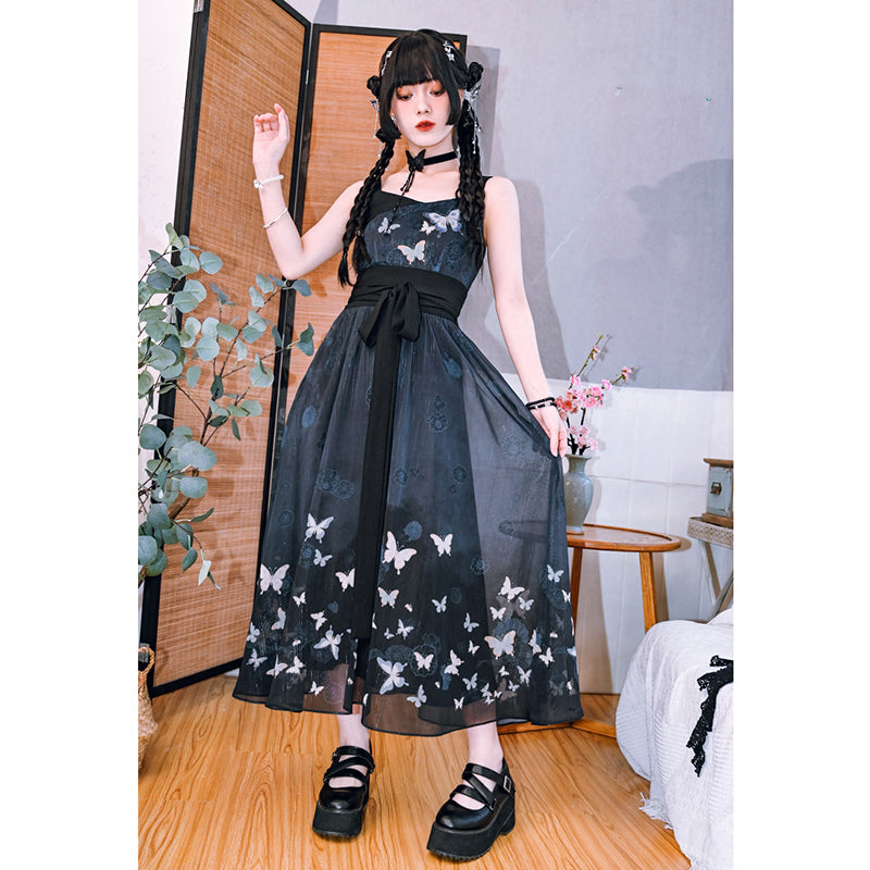 [Kogakusha---Butterfly Gin Series] ★Chinese-style dress★ Hanging dress, butterfly, Chinese clothing, long length, unique, black