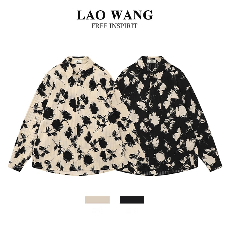 [LAOWANG Series]★Shirt★ 2color Long Sleeve Shirt Floral Shirt Tops Unisex Men's Black Apricot