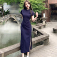 Load image into Gallery viewer, [Kumikumi Series] ★Chinese Dress★ Chinese-style dress, simple, thin, slimming, for dates, navy, blue
