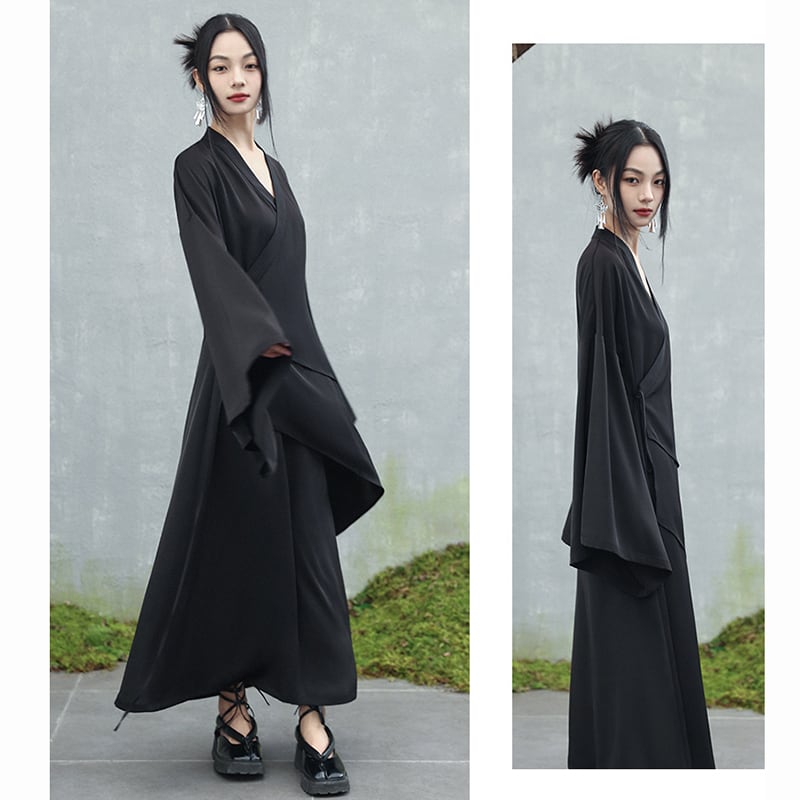 ✿New item! [Da Qinglong Shu Series]★Chinese style dress★ Belted dress Hanfu dress V neck long length Black Black