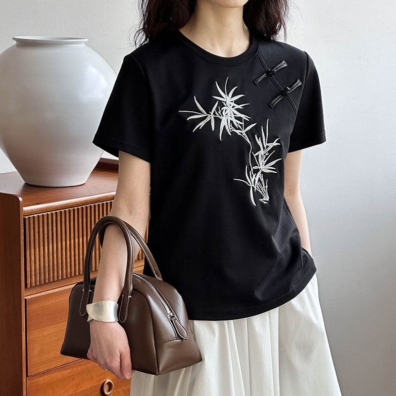 [Tachibana Series] ★China Style T-shirt★ 2color Tops Bamboo Embroidery Women's Chinese Clothing Improves Temperament Cotton