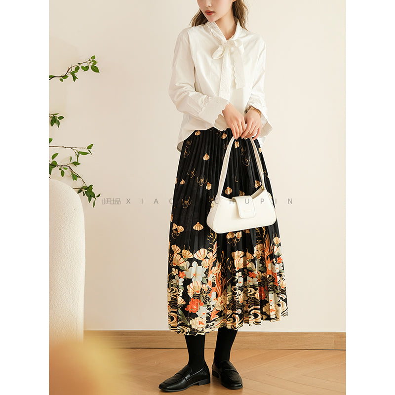 [XIAOER Series]★China style skirt★ 3color floral pattern skirt bottoms elastic waist, easy to match for commuting, dates