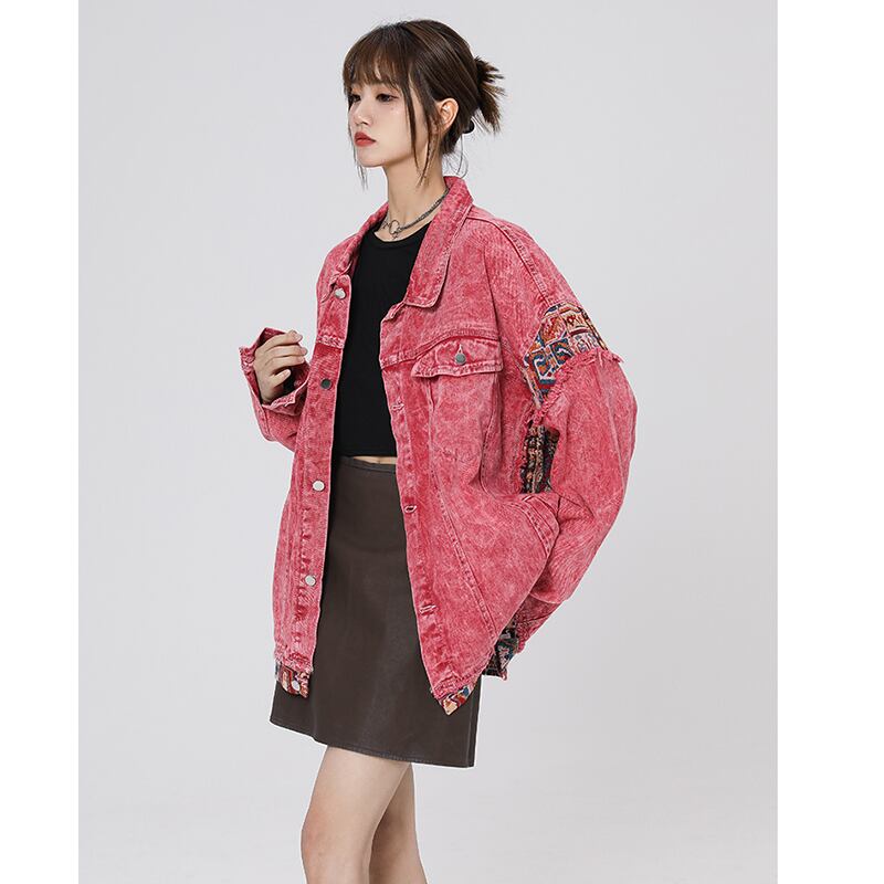 [Fujiiman Series] ★Jacket★ Denim jacket outerwear jeans unisex men's pink switching