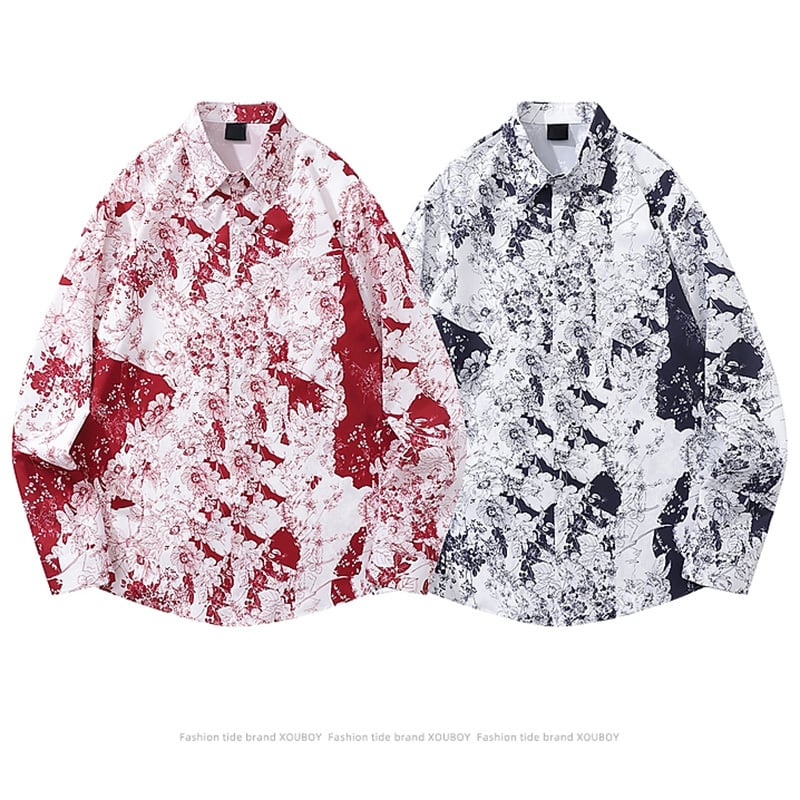 [MOISHE TIDE Series]★Shirt★ 2color Tops Long Sleeve Shirt Unisex Men's Print Red Black