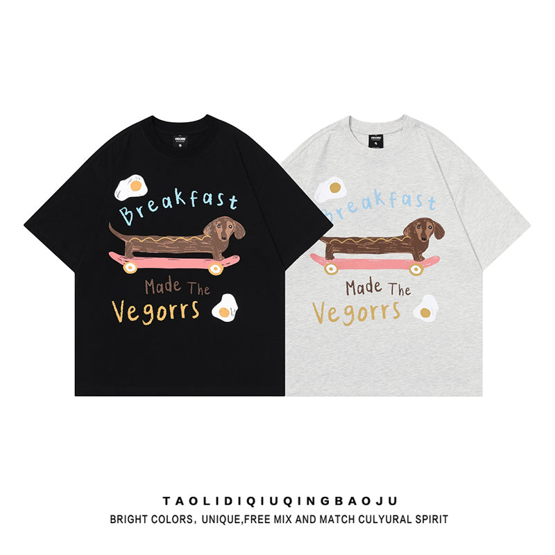 【逃離地球シリーズ】★Tシャツ★ 2color トップス 半袖Tシャツ 夏服 男女兼用 メンズ 犬 犬柄 ブラック ライトグレー