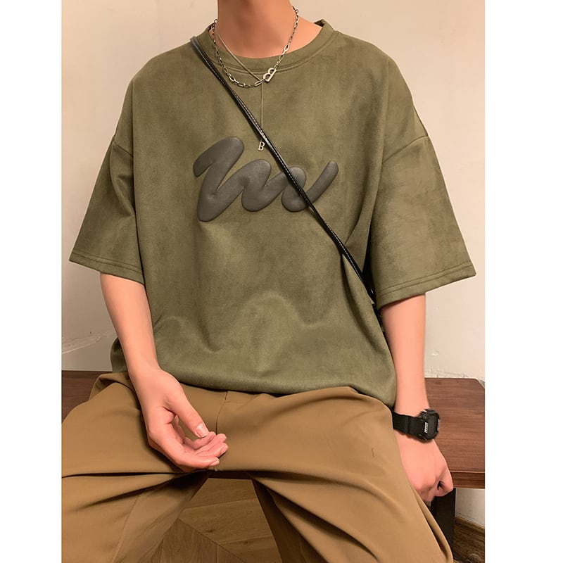 [TUOFEI Series]★T-shirt★ 3color Tops Unisex Men's Short Sleeve Suede Green Black Beige