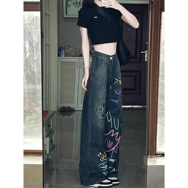 [LINGLING Series] ★Denim pants★ Trousers Bottoms Casual Women's Graffiti Spring/Summer Cute