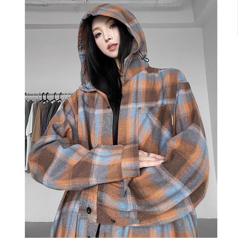 [CHAOMEICHEN Series] ★Outer★ 2color Shirt Outer Hood Plaid Pattern Unisex Men's Brown Blue