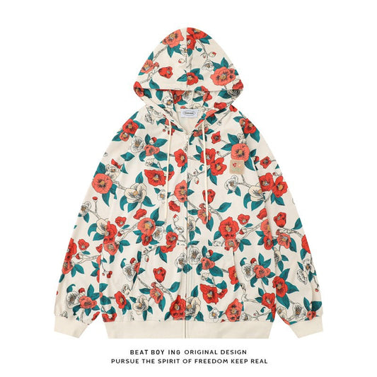 [BEAT BOY Series]★Outerwear★ Parka with zipper, unisex, men's and women's printed jacket, hooded, floral pattern, red