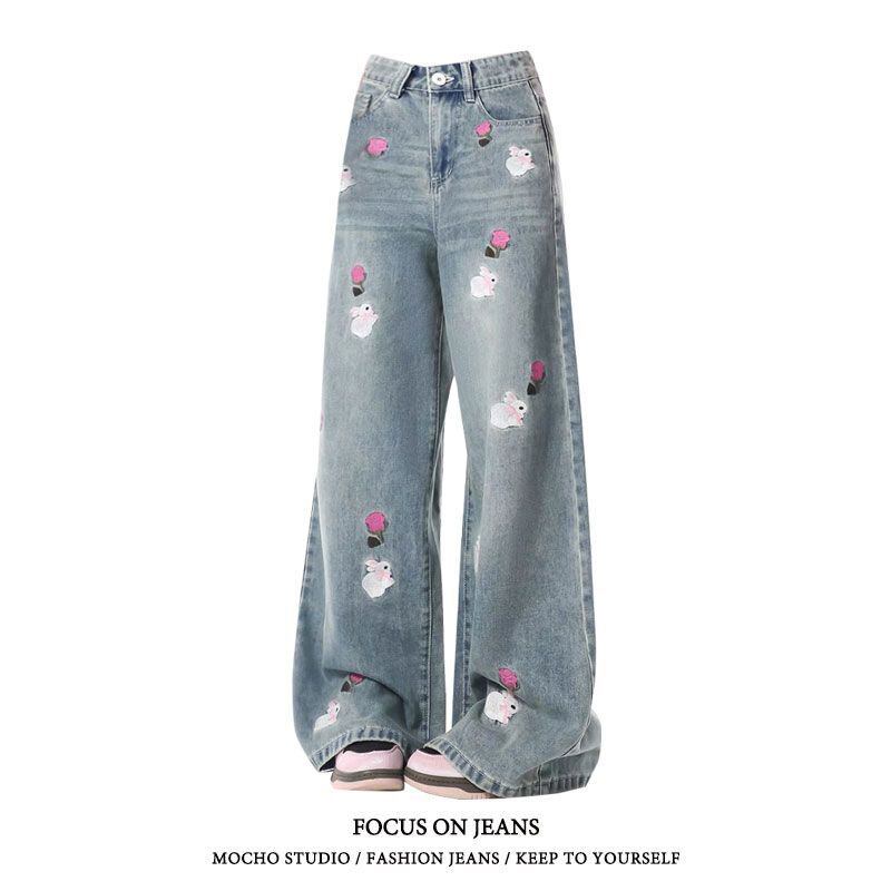 [LIJIANG Series]★Denim pants★Bottoms Trousers Gaucho pants Embroidery Rabbit Rabbit Floral pattern Blue Blue