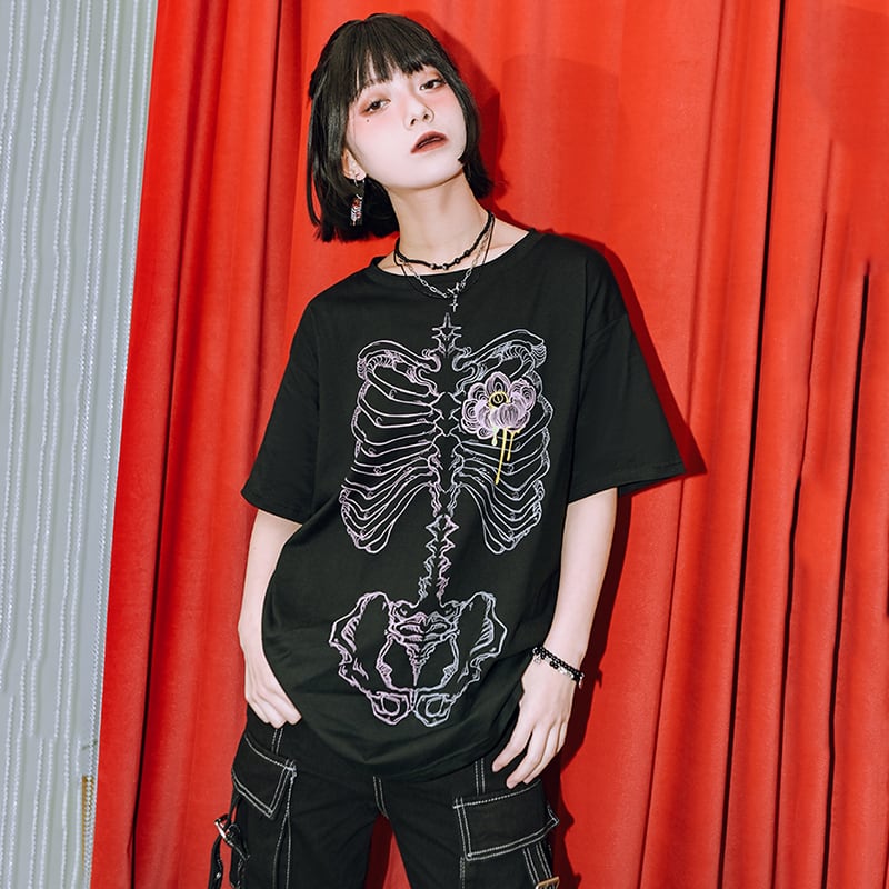 【古怪舍---花骨シリーズ】★チャイナ風トップス★ 2color 半袖 Tシャツ プリント 個性的 オリジナル ブラック ピンク