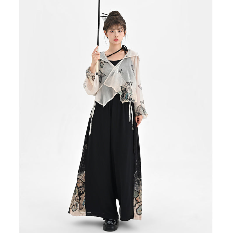 [Kokaisha---Butterfly Gin Series] Chinese-style trousers, bottoms, gaucho pants, original, slimming, switching, floral pattern