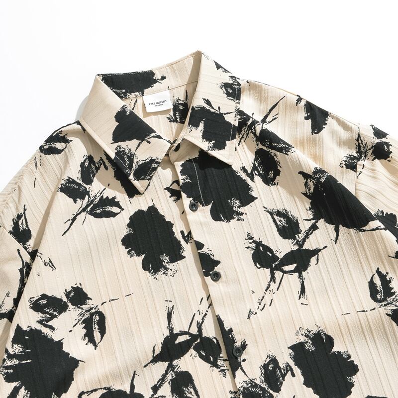 [LAOWANG Series]★Shirt★ 2color Long Sleeve Shirt Floral Shirt Tops Unisex Men's Black Apricot