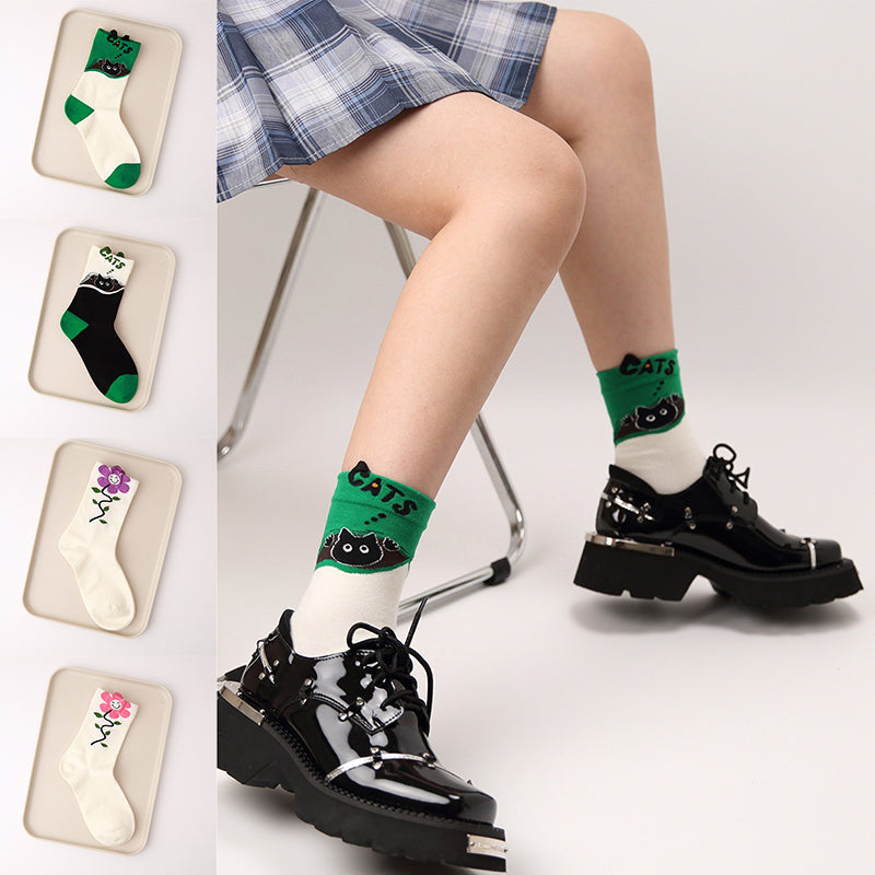 [Kairashi Series] ★Socks★ Set of 4 pairs Cotton Butterfly Cat Floral Black Green Pink Purple Cute