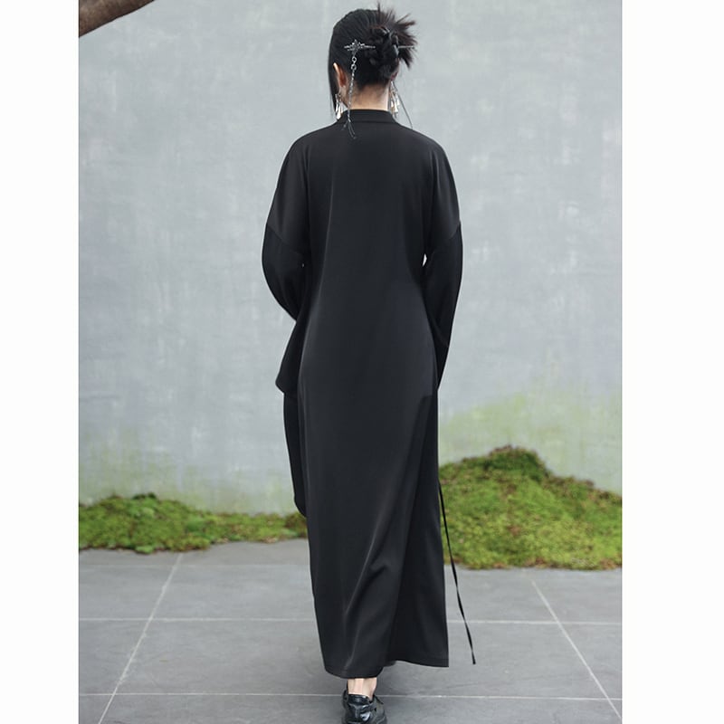 ✿New item! [Da Qinglong Shu Series]★Chinese style dress★ Belted dress Hanfu dress V neck long length Black Black